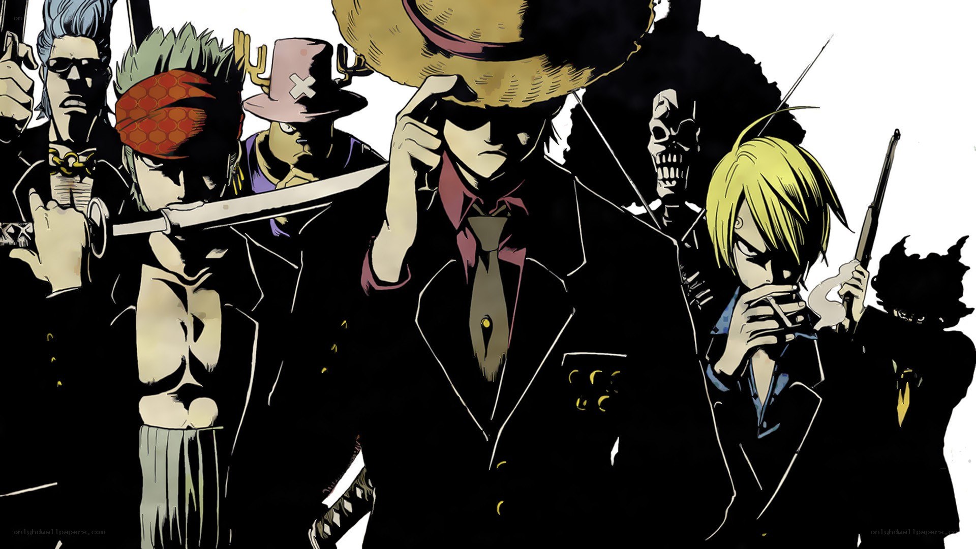 One Piece crew in black suits