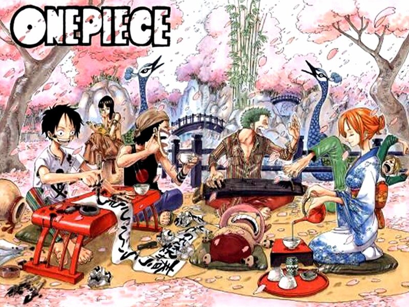One Piece crew in cherry blossoms