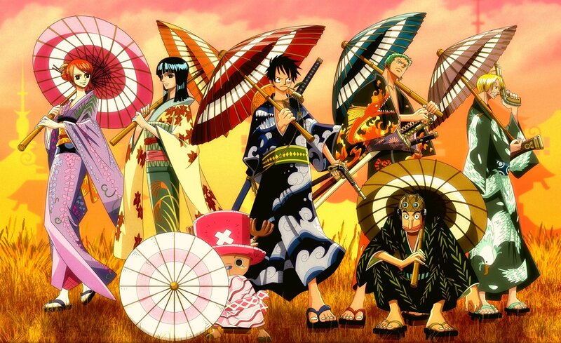 One Piece Crew in Kimonos — Orange, Dramatic, Sunset, Anime