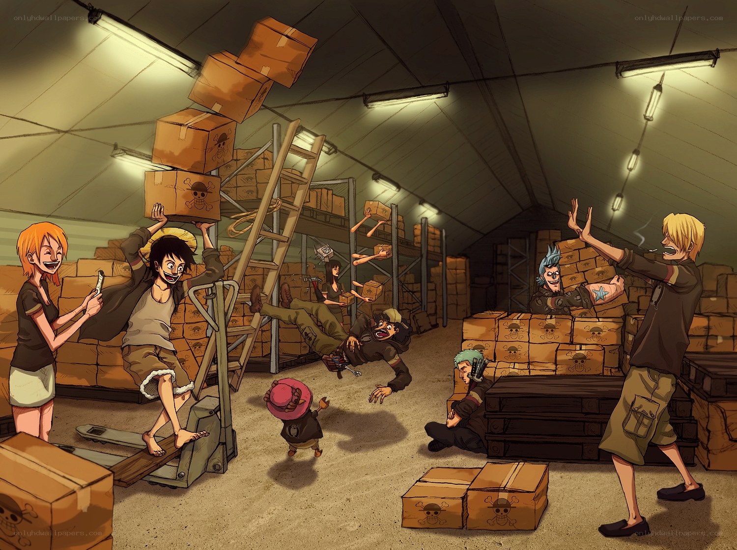 One Piece crew in warehouse chaos