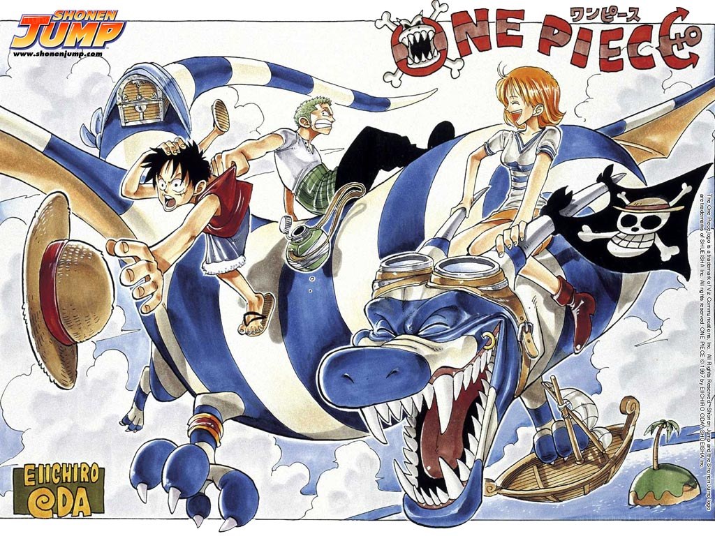 One Piece crew on a flying dinosaur