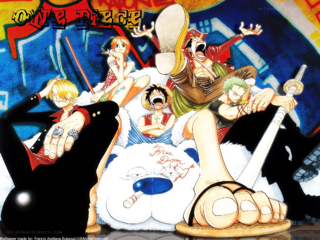 One Piece crew on a giant bear