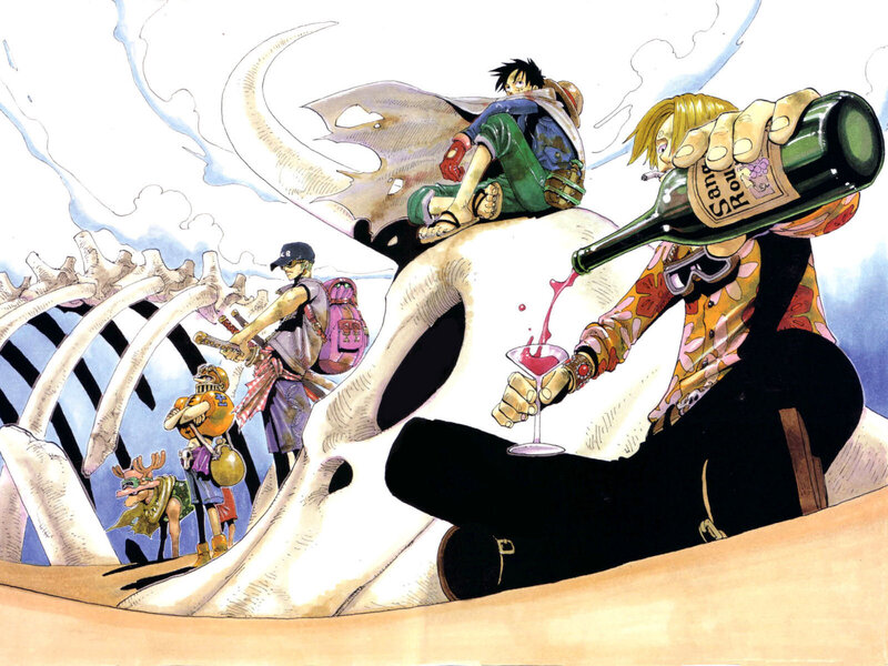 One Piece crew on a giant skull