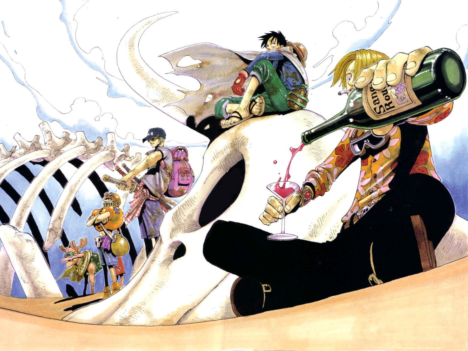 One Piece crew on a giant skull