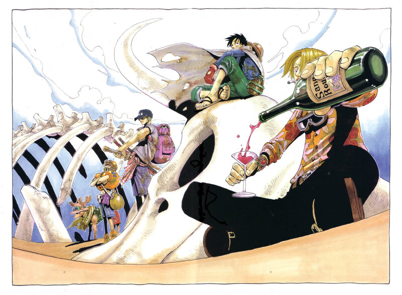 One Piece crew on a giant skull
