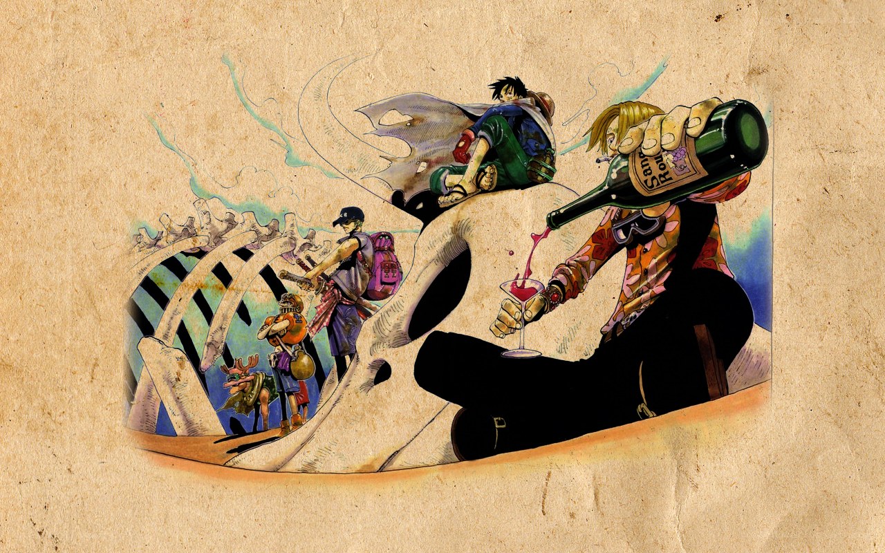 One Piece crew on a giant skull