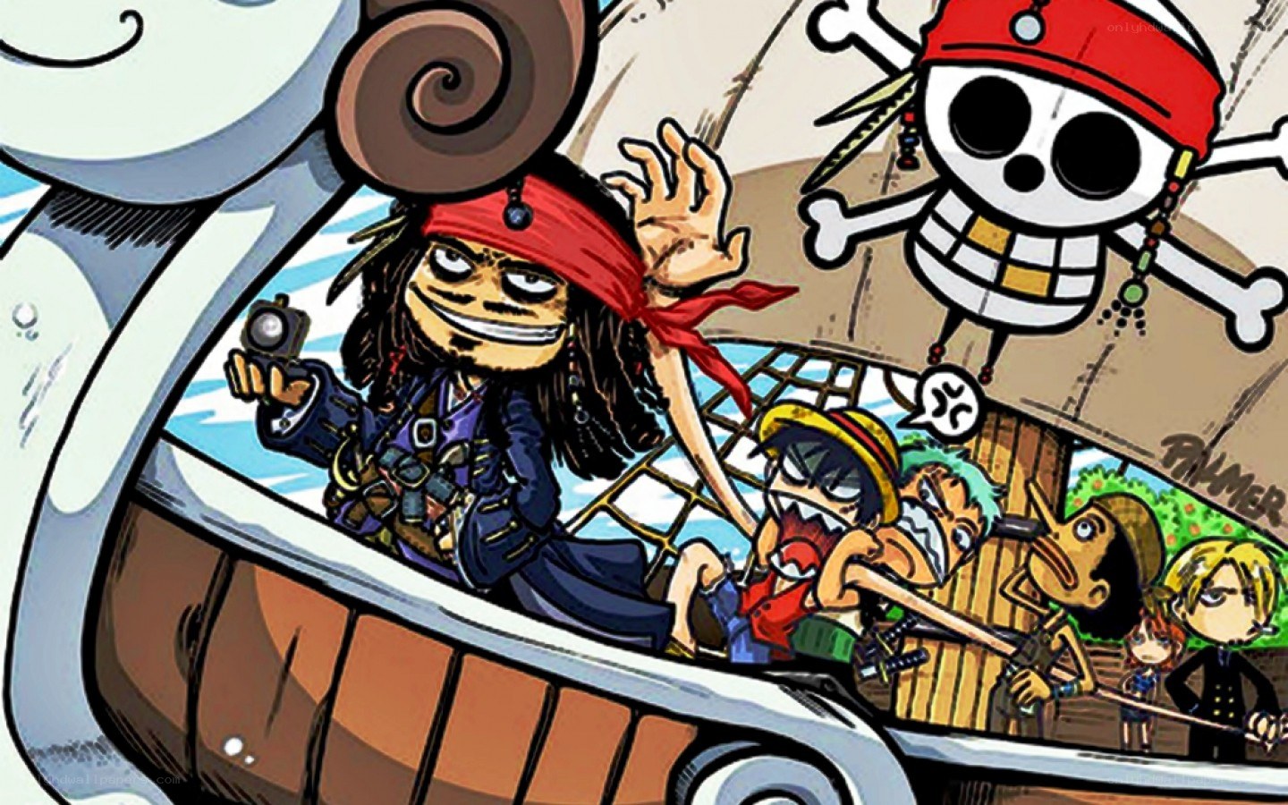 One Piece crew on a pirate ship