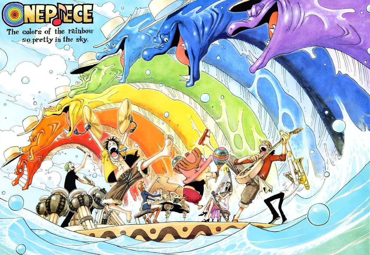One Piece crew on a rainbow wave