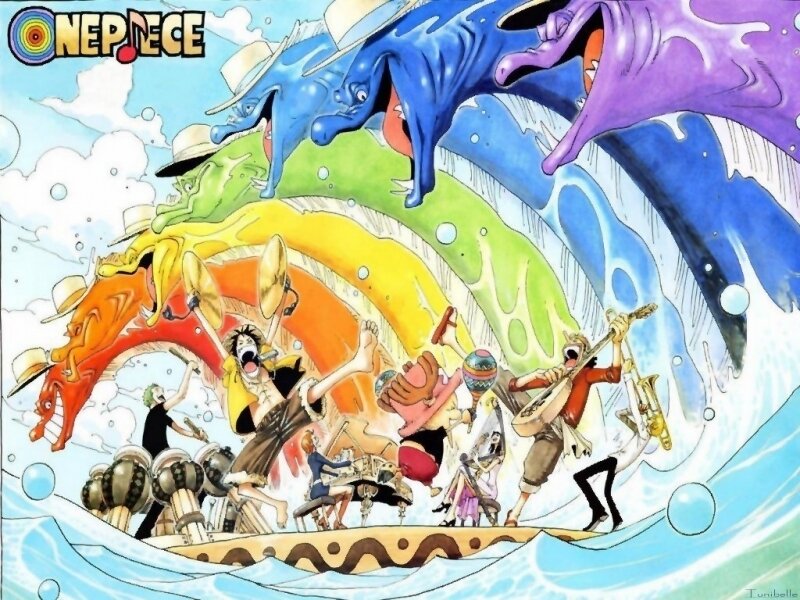 One Piece crew on a rainbow wave