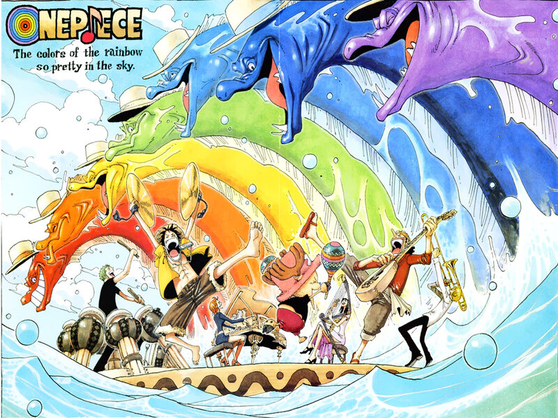 One Piece crew on a rainbow wave