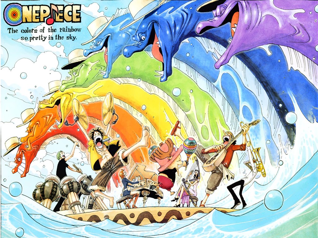 One Piece crew on a rainbow wave