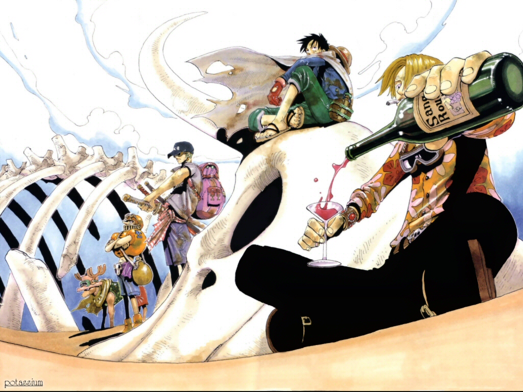 One Piece crew on a skeleton