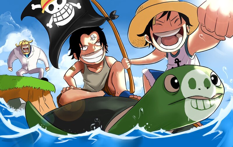 One Piece crew on a turtle