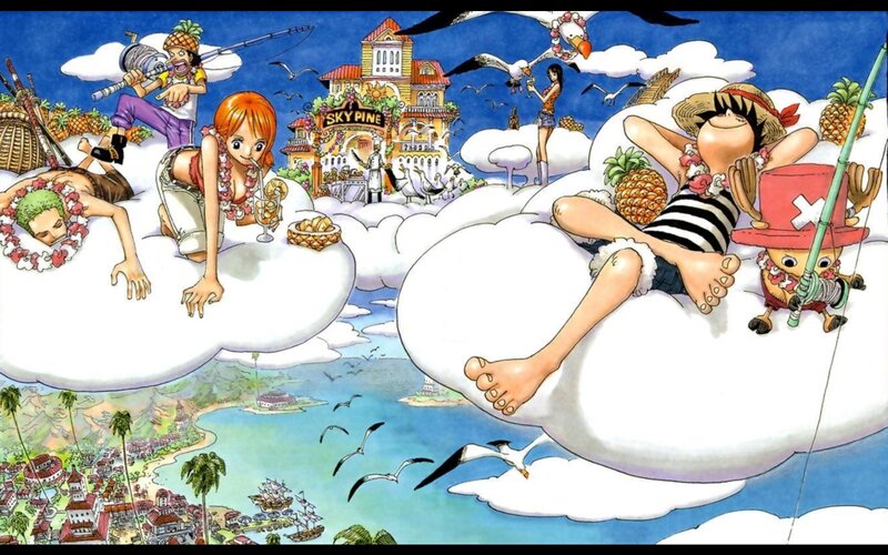 One Piece crew on clouds