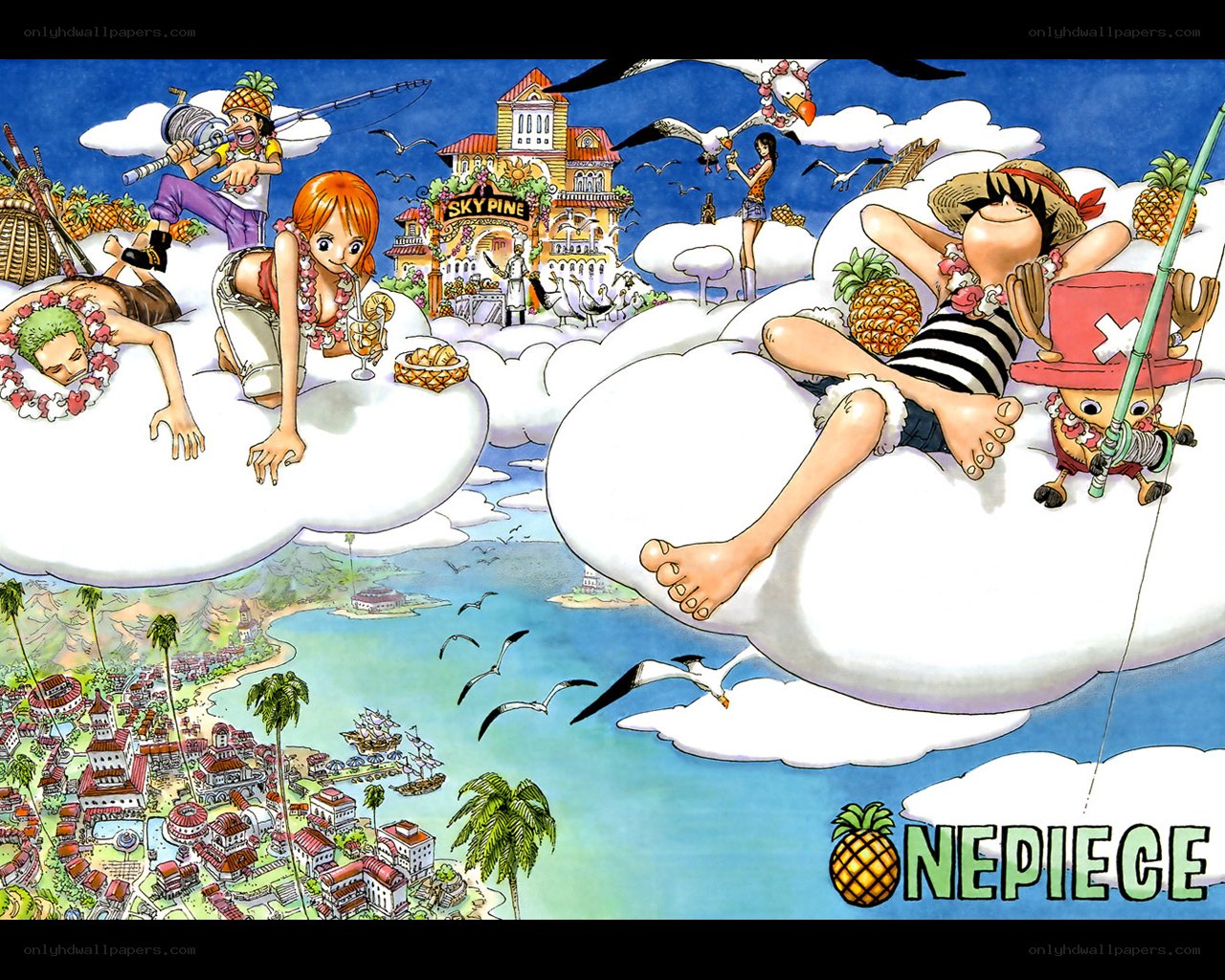 One Piece crew on clouds