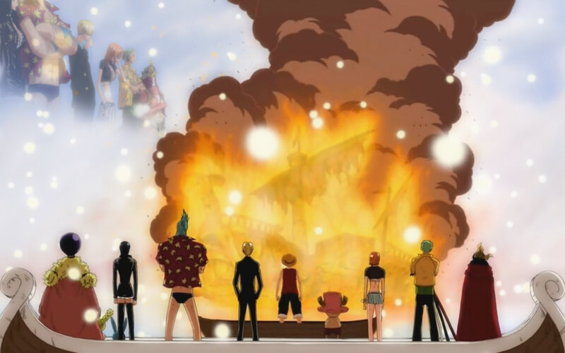 One Piece crew watches ship burn