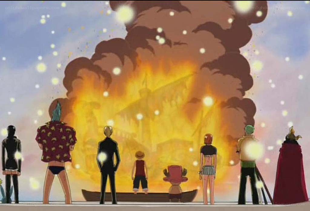 One Piece crew watches ship burn