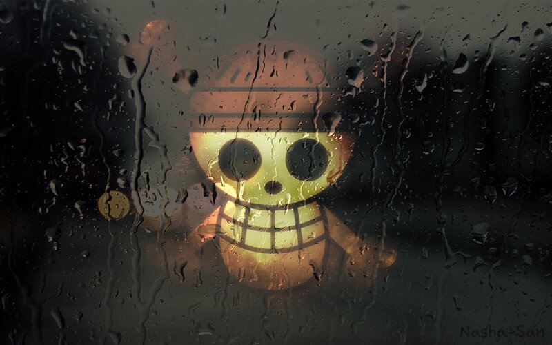 One Piece logo on rainy window