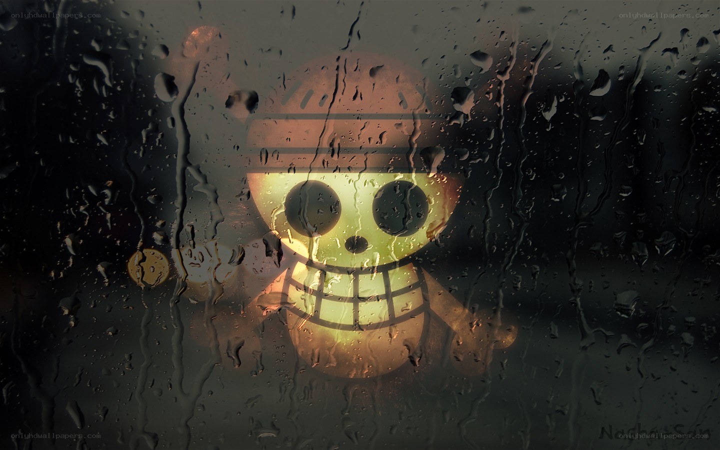 One Piece logo on rainy window