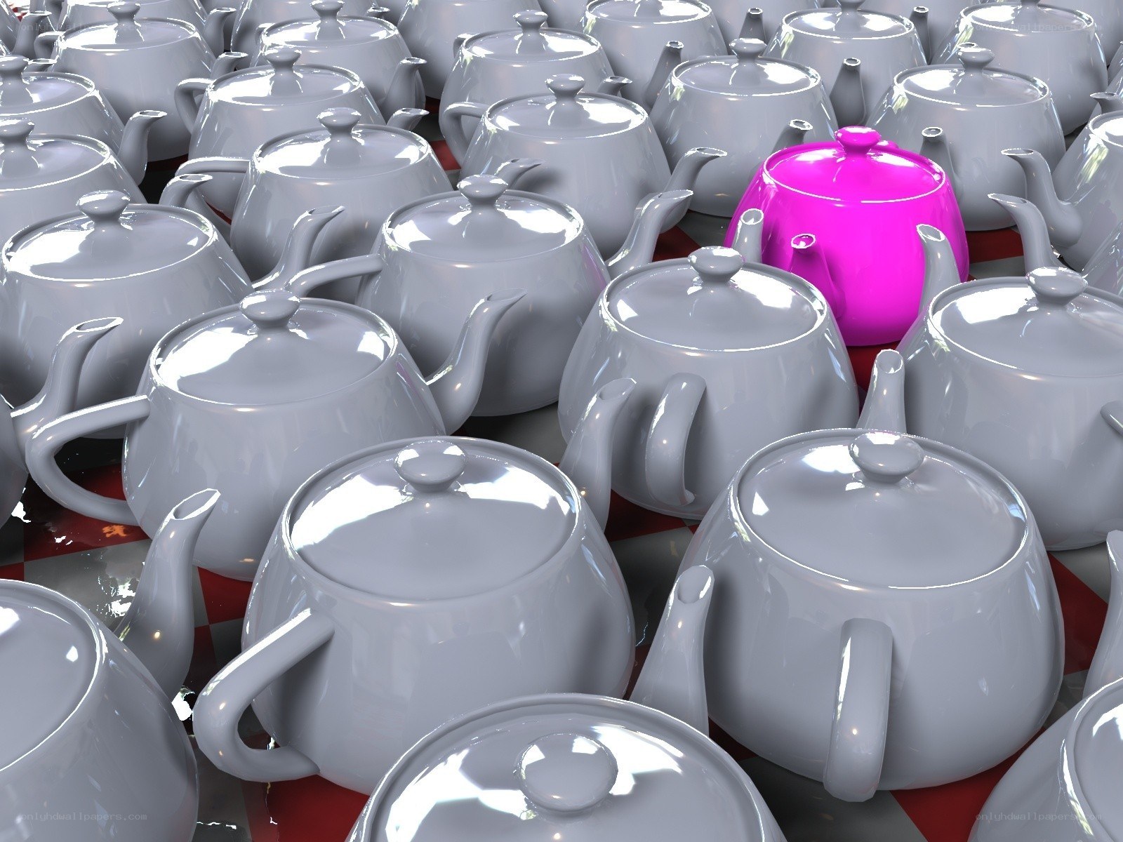 One pink teapot among many gray