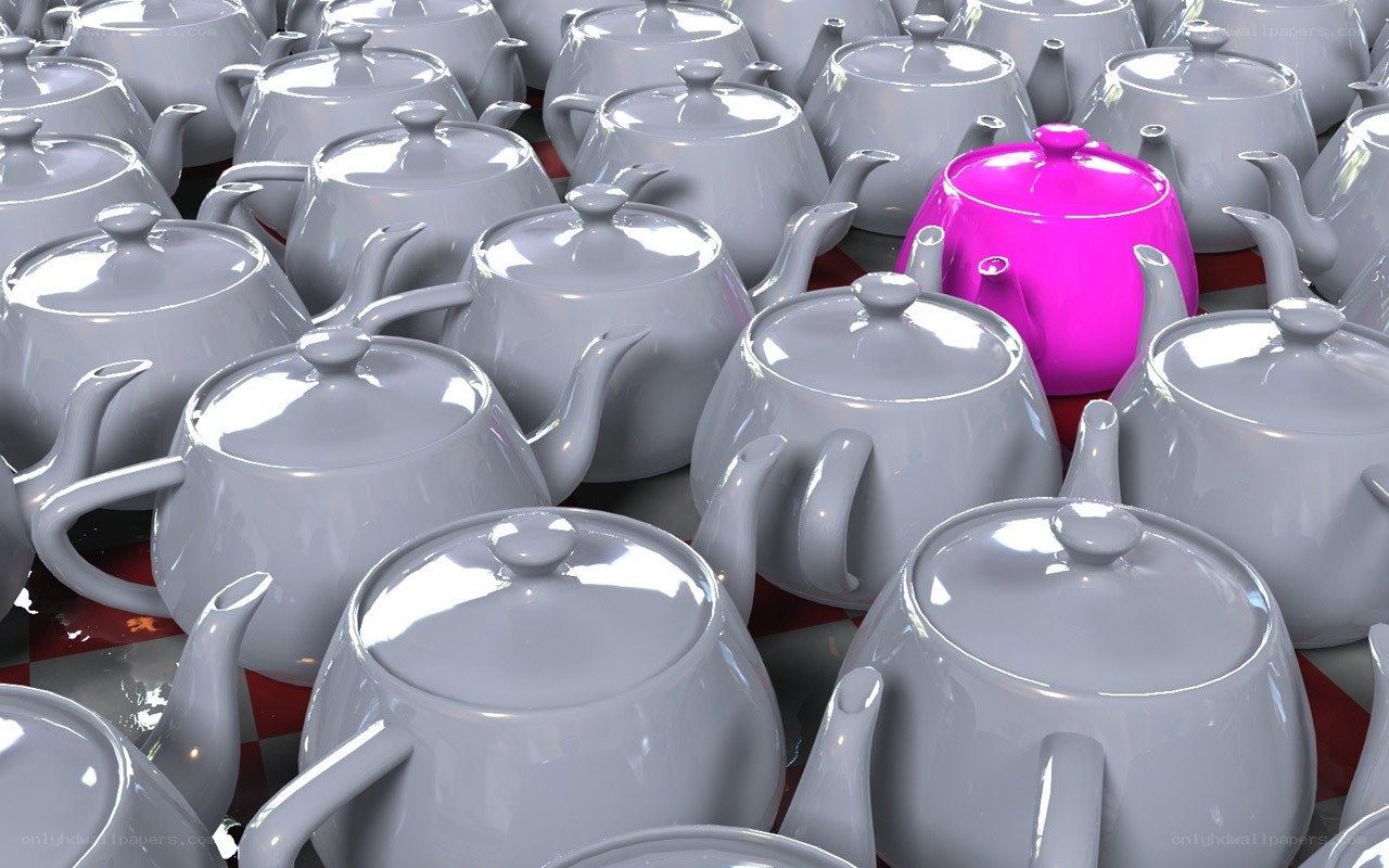 One pink teapot among many gray