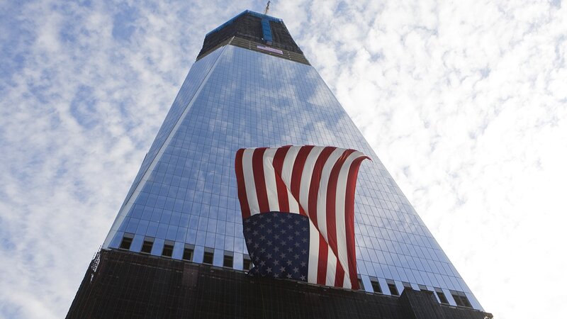 One World Trade Center with American flag