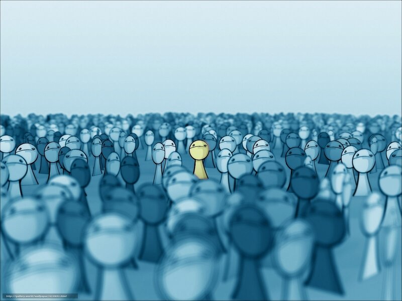 One yellow figure in a crowd