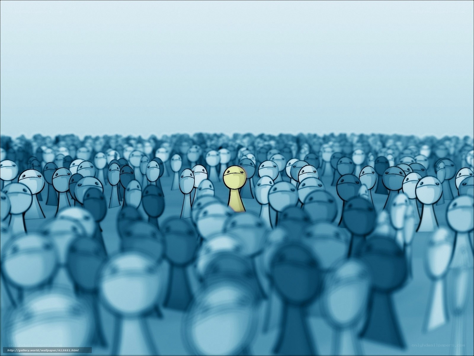 One yellow figure in a crowd
