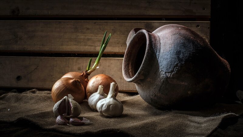 Onions and Garlic on Burlap