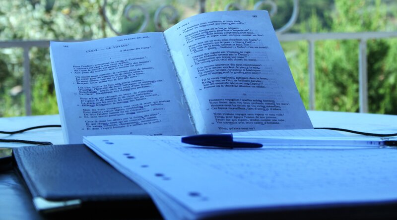 Open Book on Table — Blue, Calm, Photograph, Glasses
