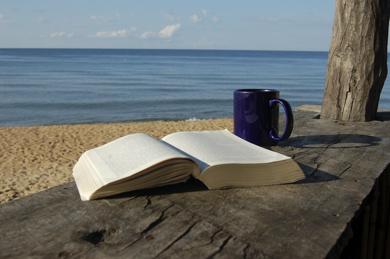 Open Book on Table — Blue, Serene