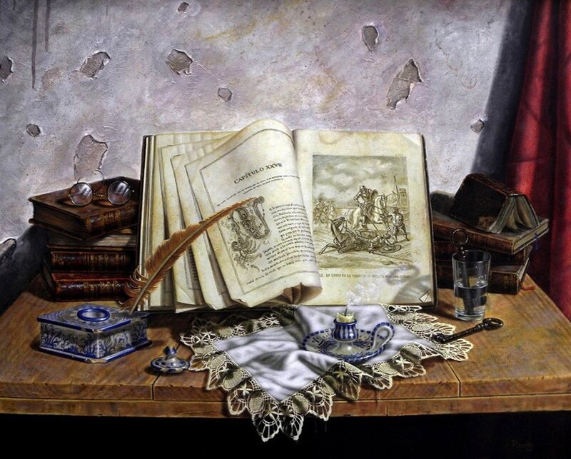 Open Book on Table — Brown, Dramatic, Painting