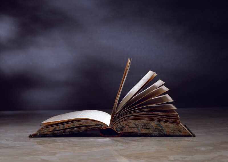 Open Book on Table — Brown, Dramatic, Photograph, Black