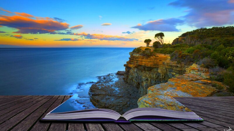 Open Book on Wooden Deck — Blue, Serene