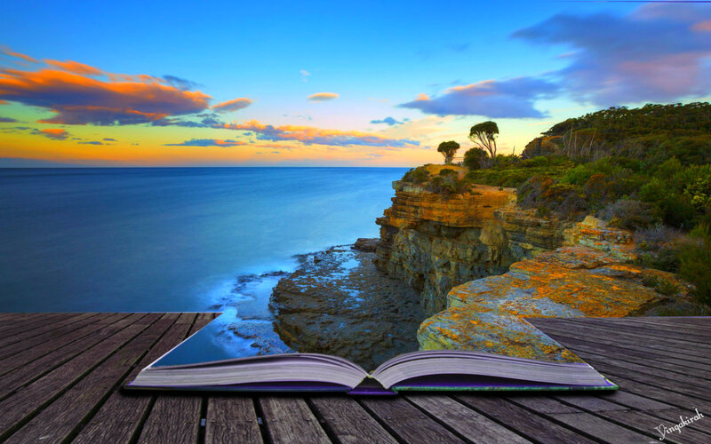 Open Book on Wooden Deck — Blue