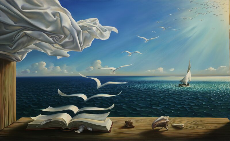 Open Book on Wooden Table — Blue