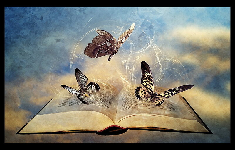 Open Book with Butterflies — Blue, Dreamy, Digital Art