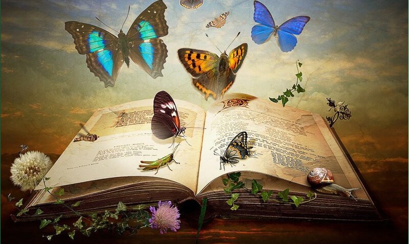 Open Book with Butterflies — Blue, Dreamy, Sunset