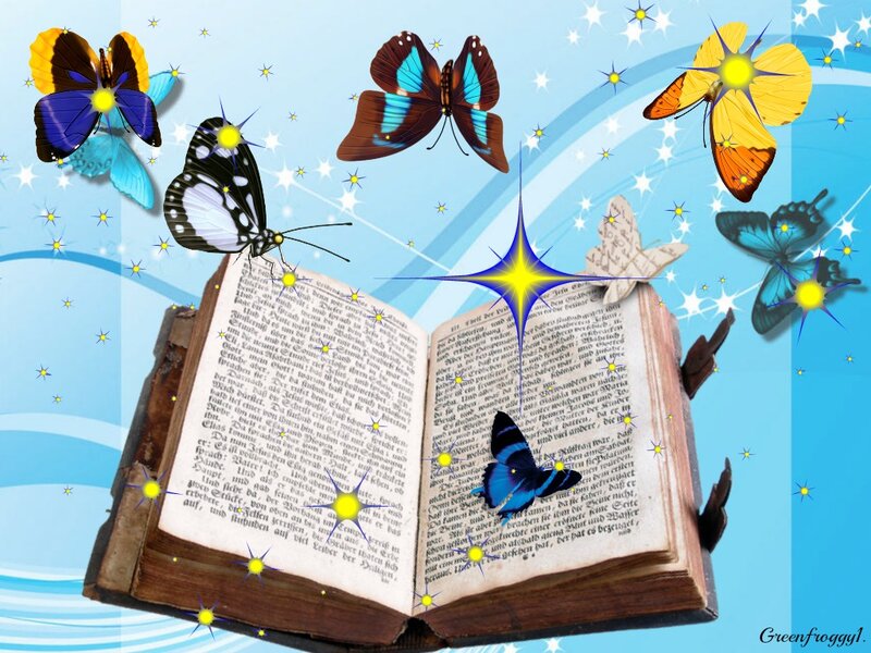 Open Book with Butterflies — Blue, Magical, Digital Art