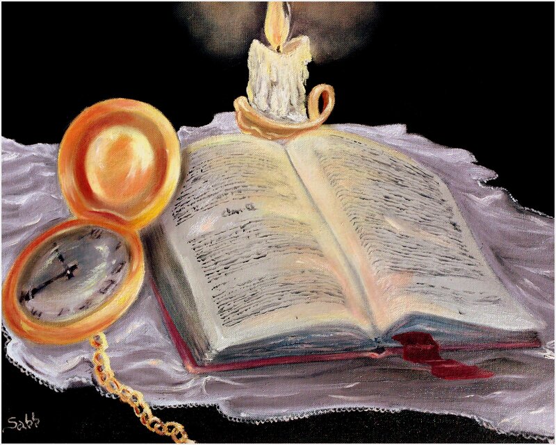 Open Book with Candle — Black, Dramatic