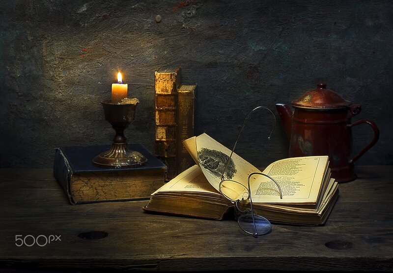 Open Book with Candle — Brown, Dramatic, Night, Photograph, Glasses, Teapot