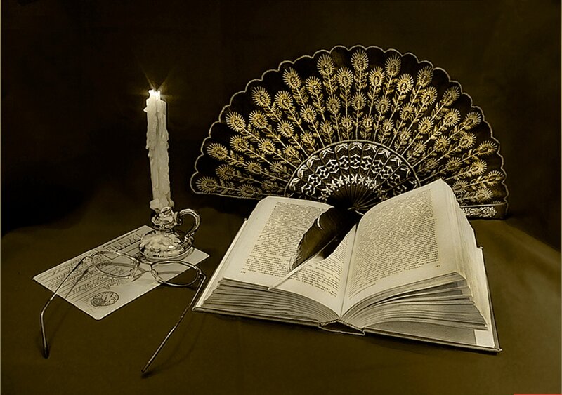 Open Book with Candle — Brown, Dramatic, Night, Photograph, Glasses