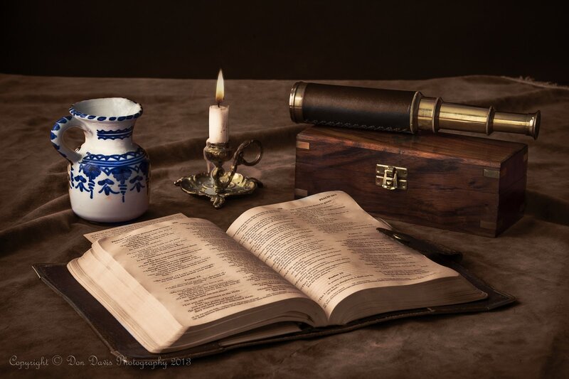 Open Book with Candle — Brown, Dramatic, Night, Photograph