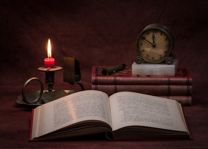 Open Book with Candle — Red, Dramatic, Night