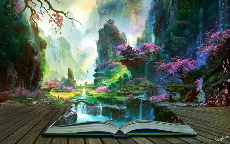 Open Book with Fantasy Landscape