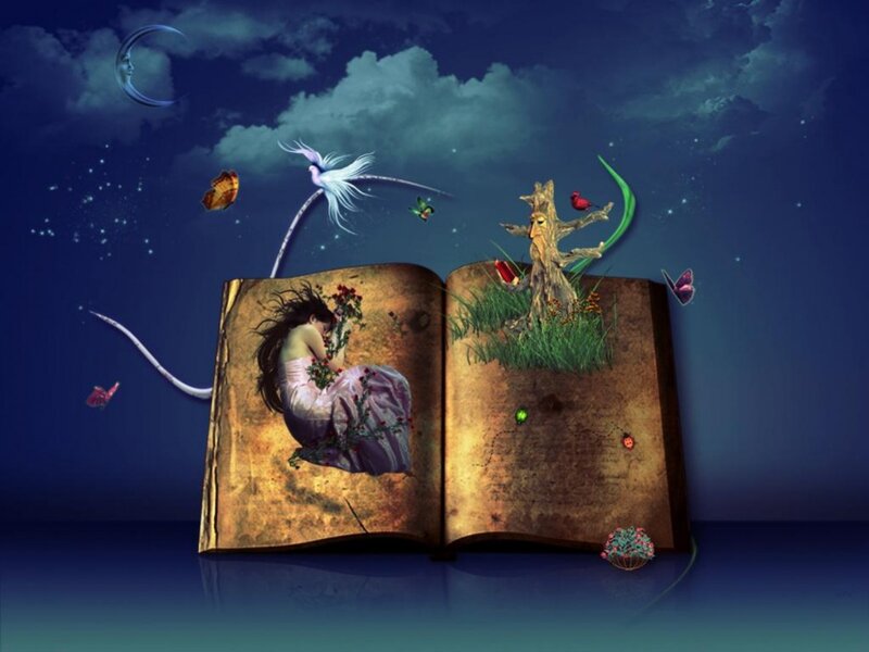 Open Book with Fantasy Scene — Blue