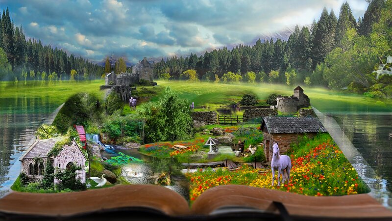Open Book with Fantasy Scene — Green