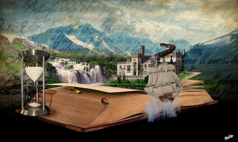 Open Book with Fantasy Scene
