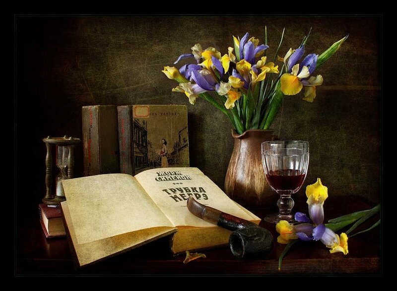 Open Book with Flowers — Brown, Dramatic, Photograph