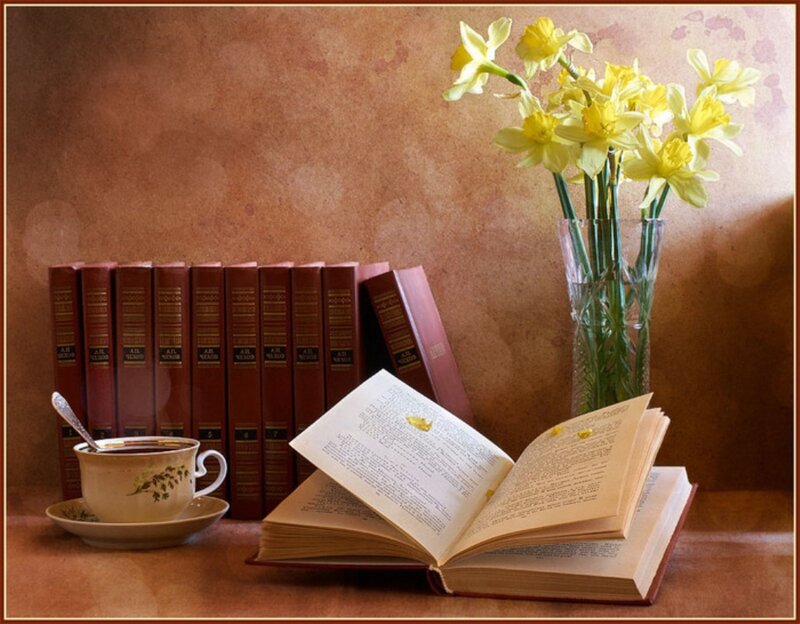 Open Book with Flowers — Brown, Serene, Spring